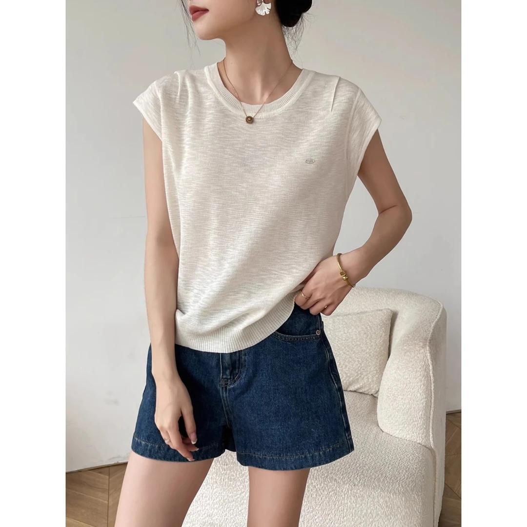 米白色圆领冰丝针织短袖女t恤夏季2025新款小个子内搭打底衫上衣