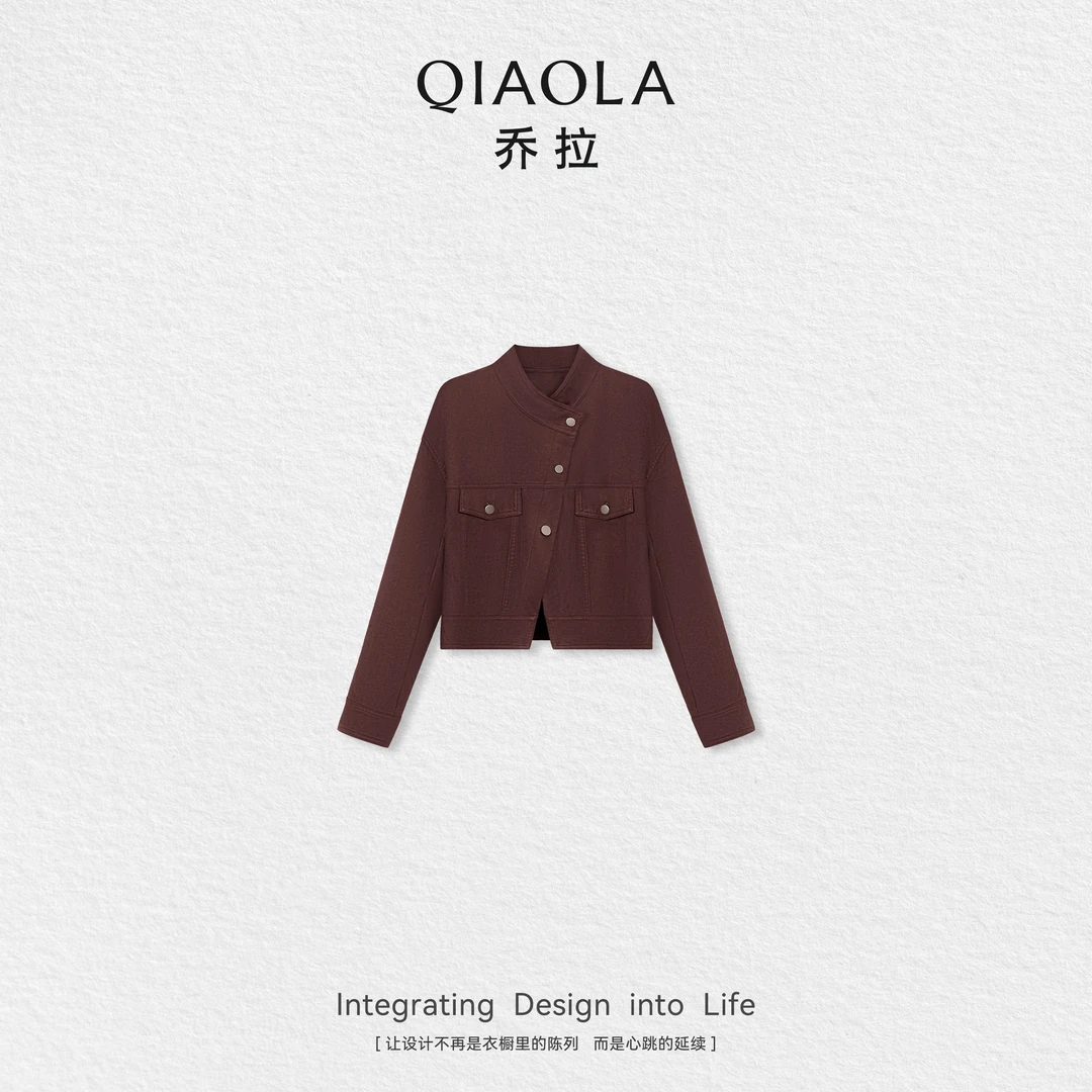 QIAOLA/乔拉【暗紫生红】秋季梭织立领摇头扣廓形感百搭外套预售