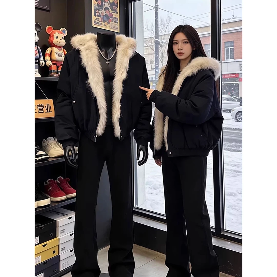 黑色美式座山雕外套棉服男款冬季痞帅高级感加绒毛领短款夹克棉衣