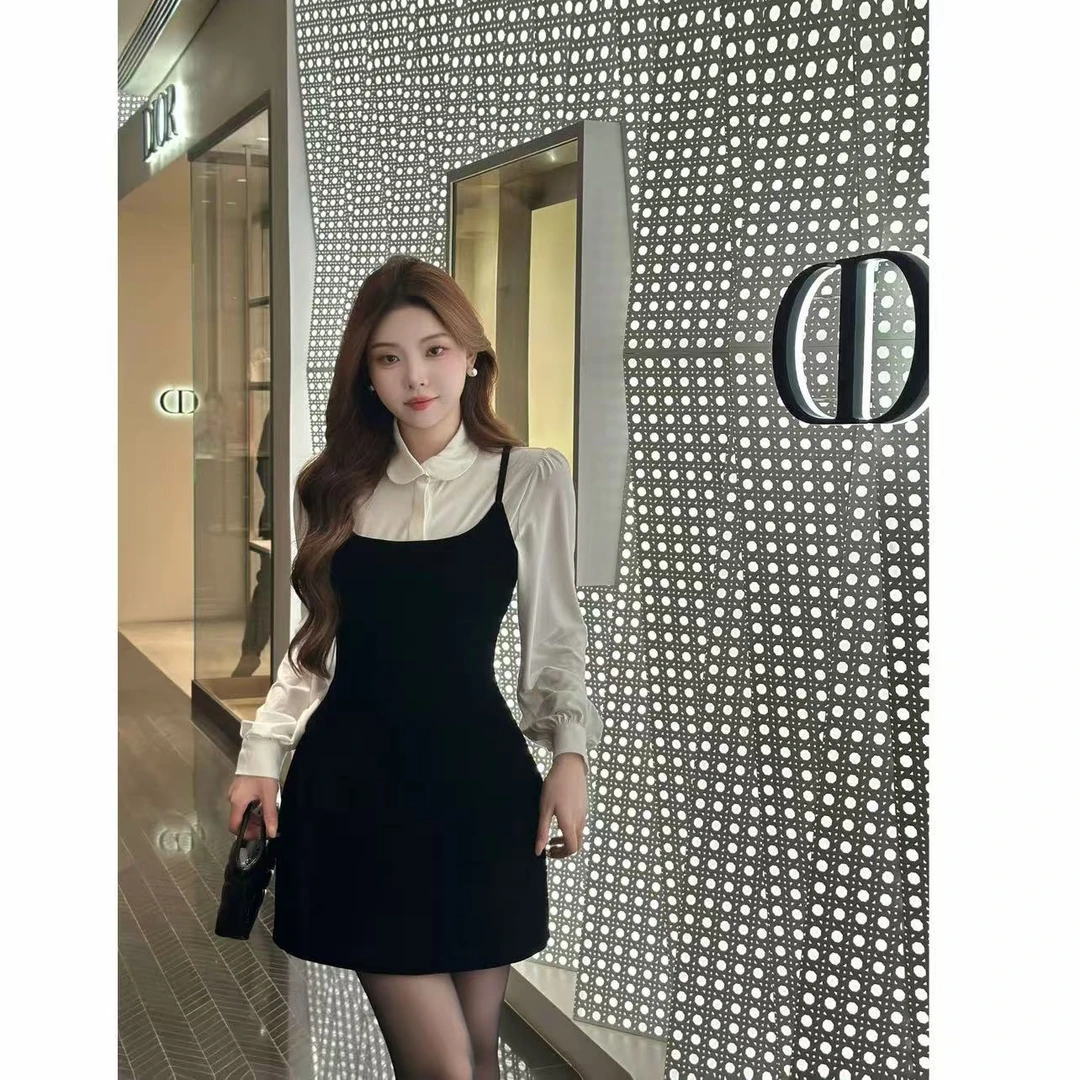 【留洋千金】冬季新款高级感气质内搭上衣+吊带连衣裙套装9609