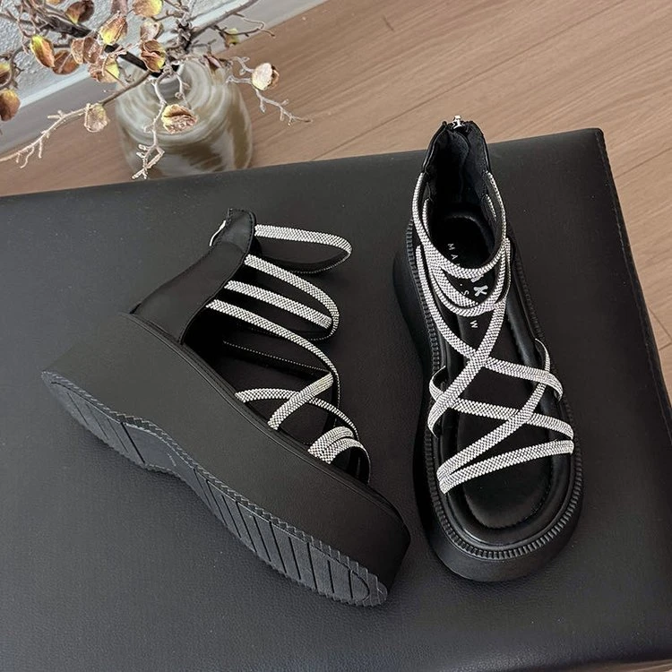 松糕厚底露趾罗马凉鞋女2025夏季新款时尚水钻配裙子绝美绑带凉靴