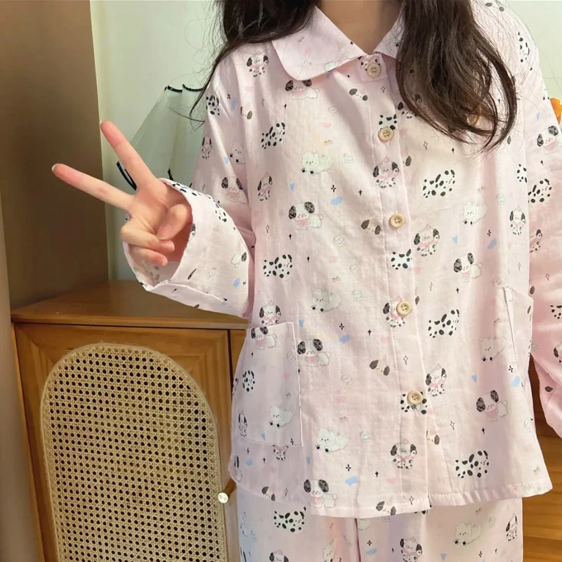 双层纱布纯棉睡衣女2025春秋季新款长袖卡通数码印花家居服套装