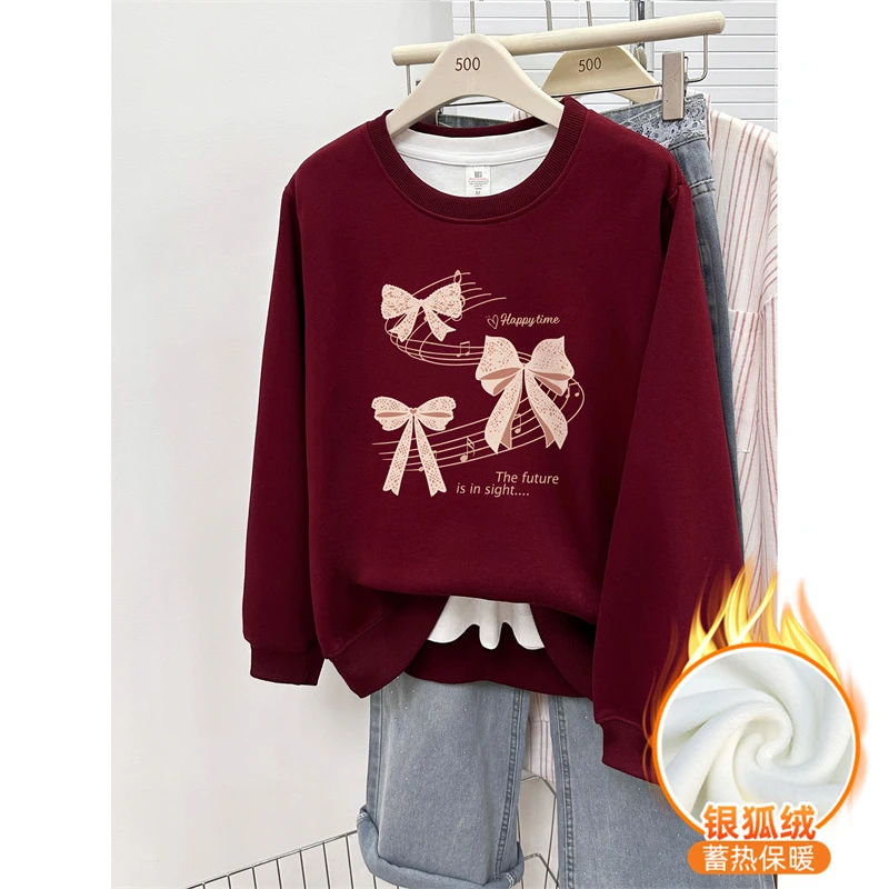 酒红色蝴蝶结印花正肩圆领卫衣秋冬胖mm大码女装时尚加绒加厚上衣