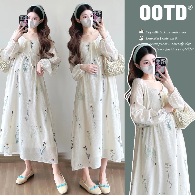 韩版2025春季新款法式花朵重工刺绣气质收腰孕妇连衣裙