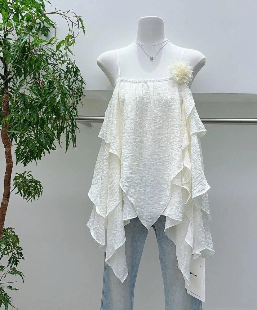 法式度假风立体花朵荷叶边不规则设计背心