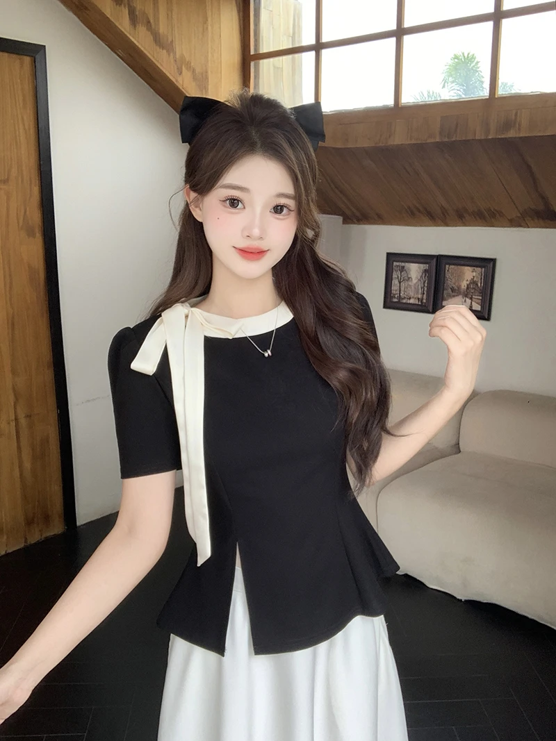 【茹意专属+正版高货+运费险】大码女撞色系带蝴蝶结开叉上衣A1807