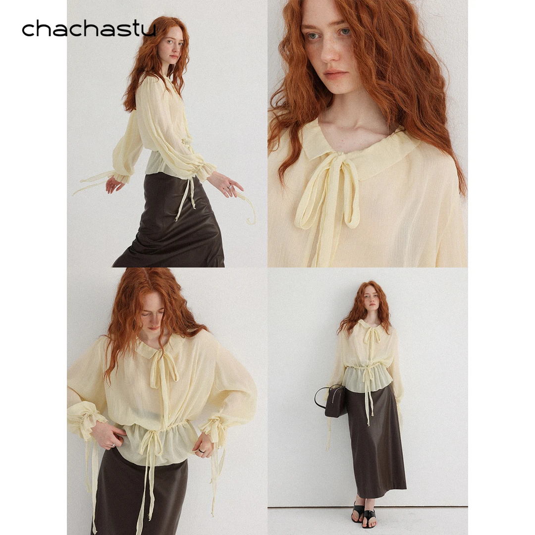 CHACHASTU 法式简约荷叶边长袖系带衬衫宽松显瘦收腰上衣ZRS1639