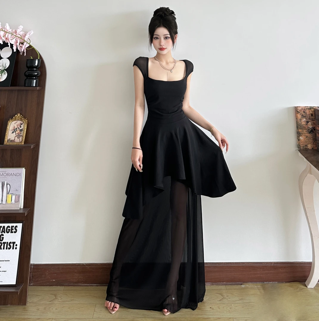 Malou 法式优雅女神遮腰显瘦连衣裙女 不规则网纱长裙K25D64734