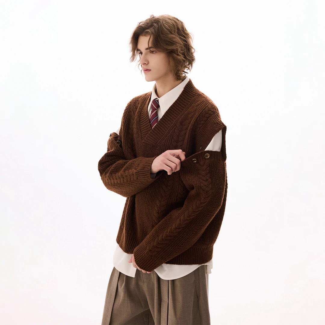 CHOR秋冬可拆卸袖子V领绞花学院风毛衣针织衫百搭复古休闲宽松