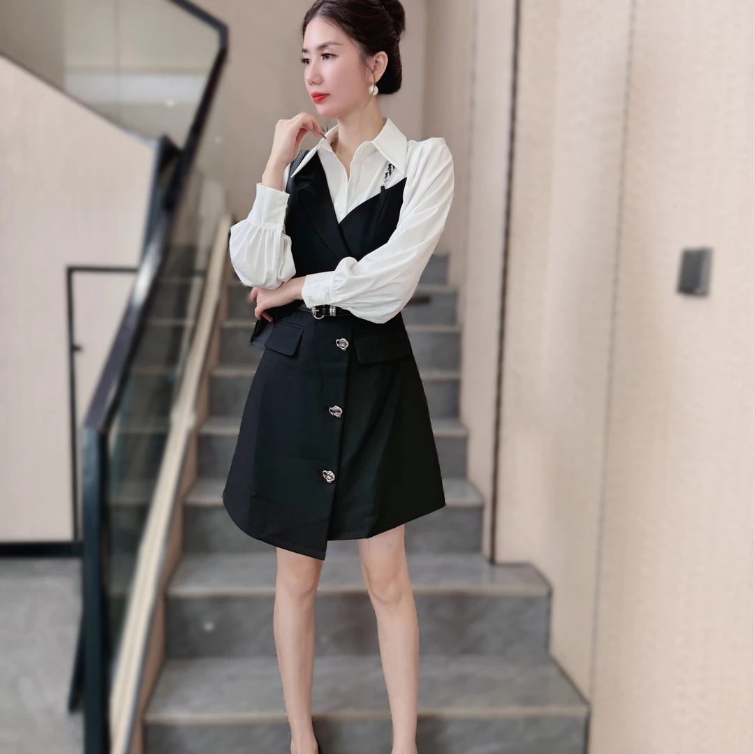 【JY】设计感小众黑白拼接衬衫连衣裙女2025秋季新款气质修身
