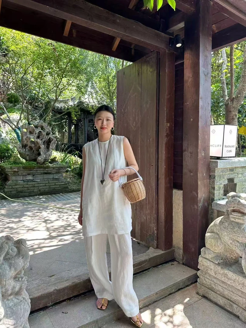 休闲百搭亚麻舒适透气背心套装-SL25011