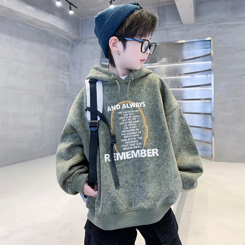 男童加绒卫衣秋冬款连帽2025新款大儿童男孩冬季一体绒加厚打底衫