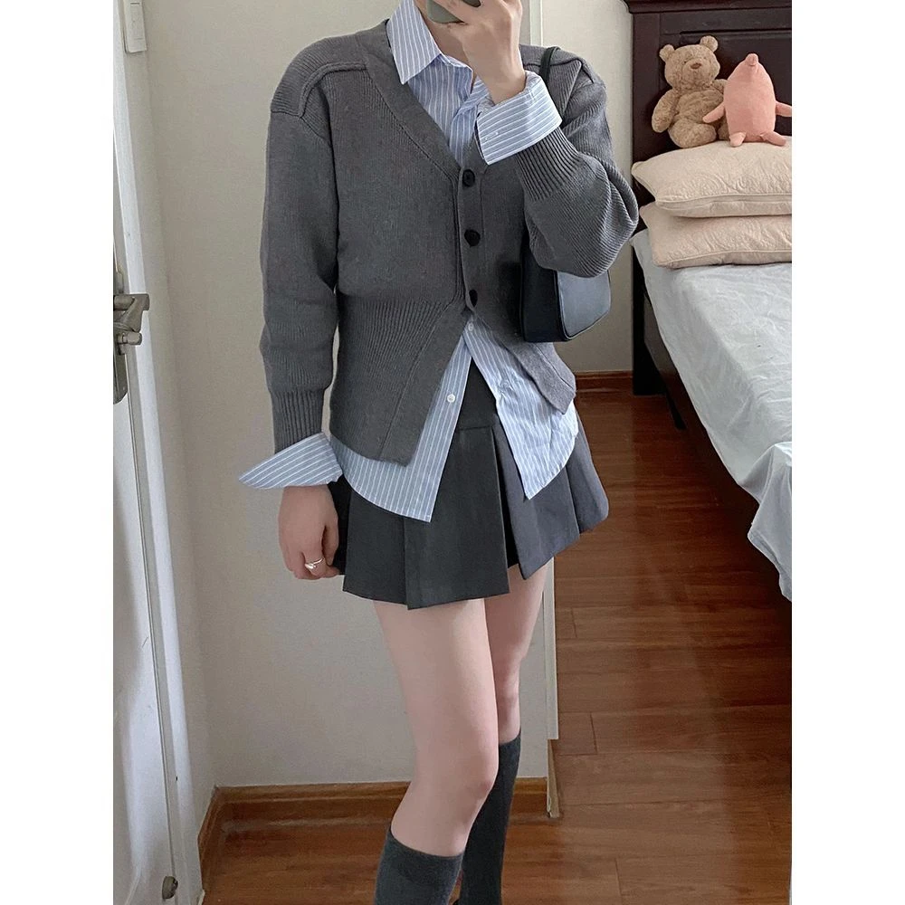 盐系穿搭三件套装女学院风条纹衬衫复古慵懒毛衣开衫外套秋装新款