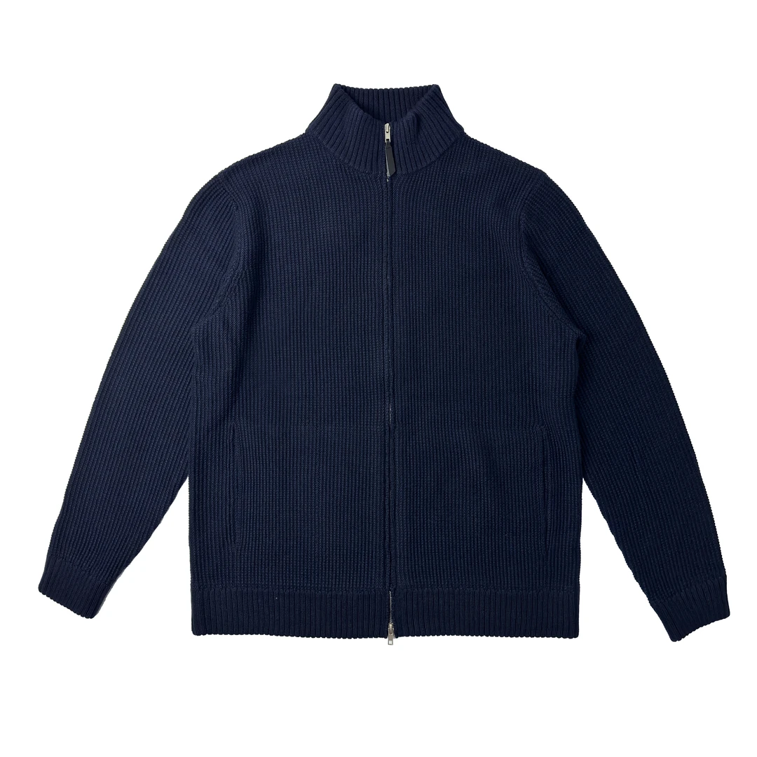 L&P风格 特别的织法双口袋立领双拉链羊毛针织开衫毛衣外套男