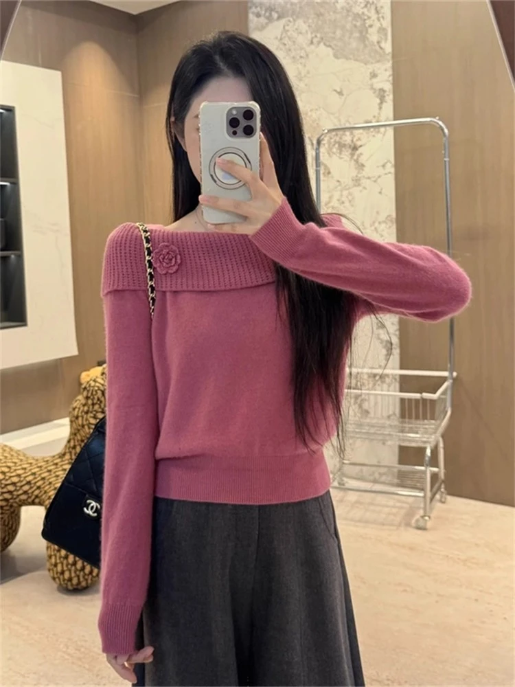 法式温柔风粉色方领长袖针织衫毛衣女秋季新款小众设计感百搭上衣