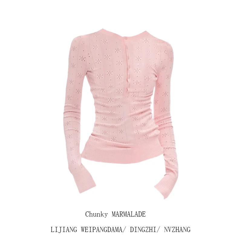 大码胖mm粉色长袖t恤女早秋季绝美显瘦设计感镂空针织打底衫上衣
