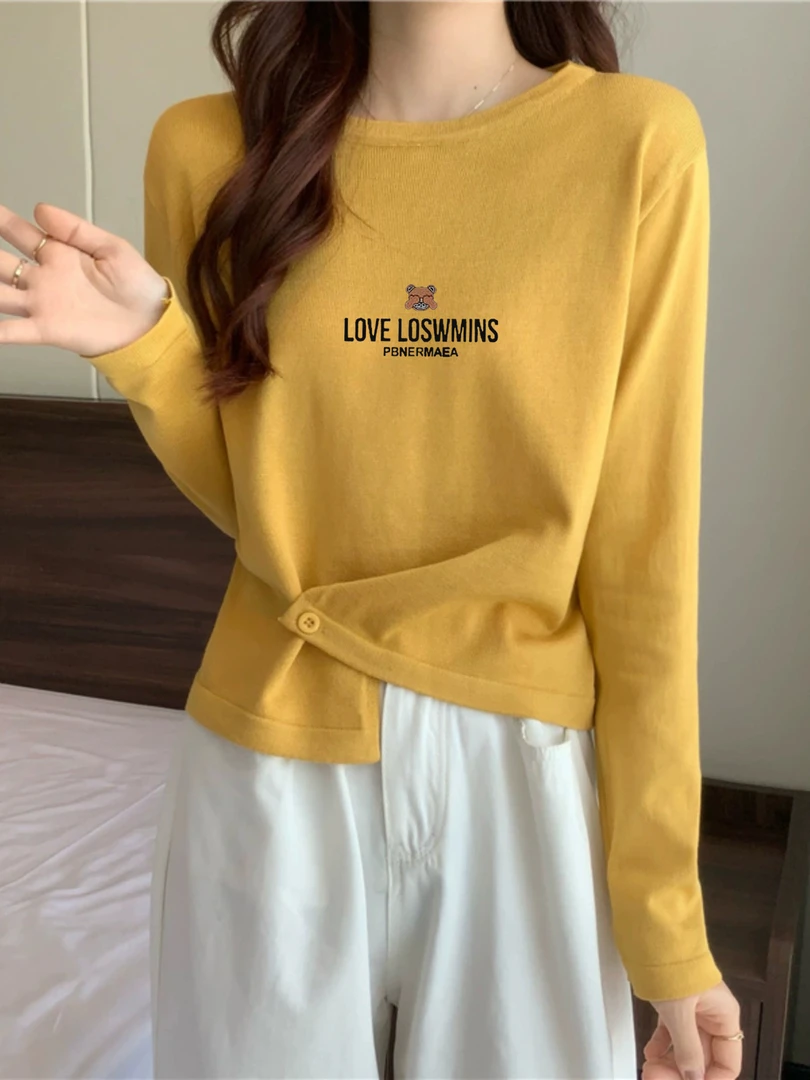 不规则系扣圆领打底衫长袖t恤女春秋韩版设计感小众百搭休闲上衣