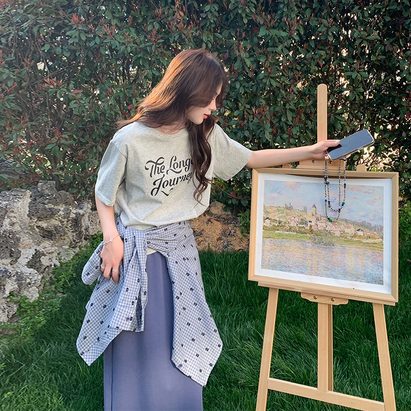 韩系设计感个性字母印花短袖T恤女夏季新款休闲衬衫半身裙三件套