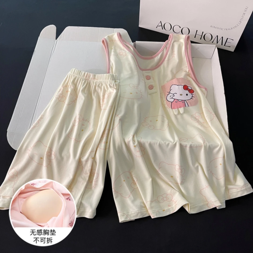 睡衣女夏季可外穿韩版背心短裤大码凉感带胸垫KT猫套装夏天家居服