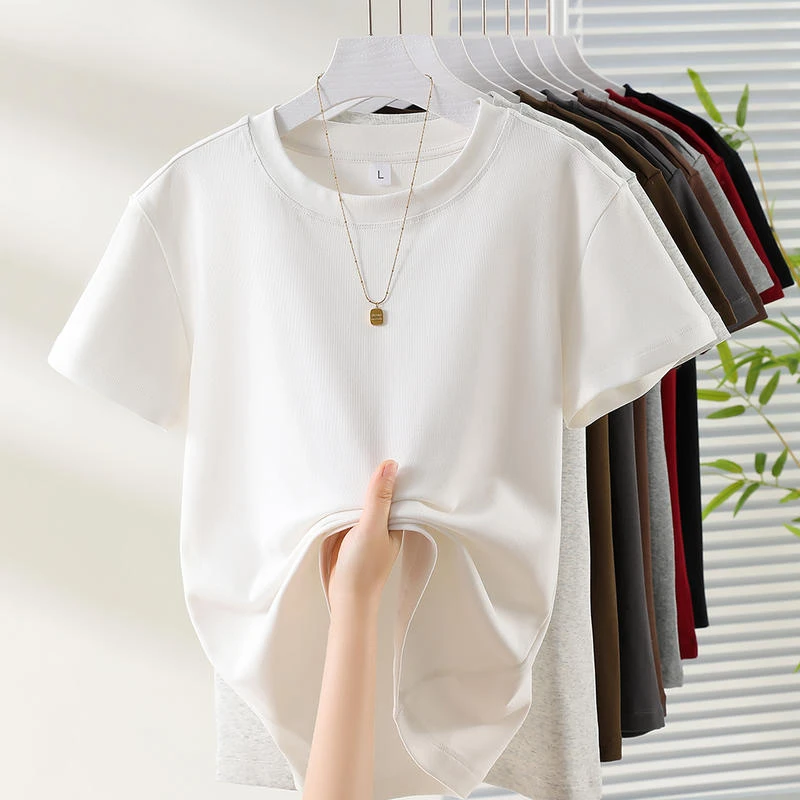 冲销量螺纹圆领T恤短袖舒适纯棉针织百搭女款胖妹妹小版t洋气显瘦