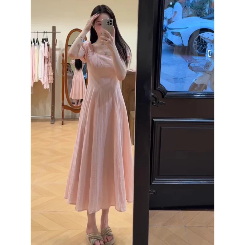 法式温柔风方领泡泡袖收腰a字连衣裙女夏季超好看独特漂亮掐腰裙