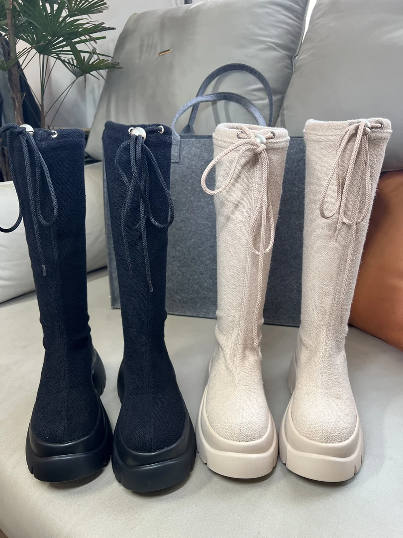 春夏新款女士长靴时尚休闲百搭镂空厚底中筒过膝长筒弹力圆头系带