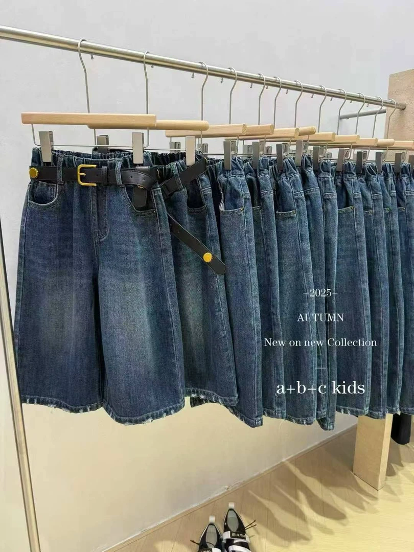 美式复古韩系裤子女童直筒高腰宽松显瘦七分牛仔裤