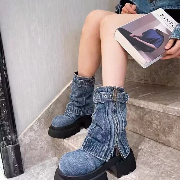 欧款厚底马丁短靴子女2025新款牛仔布假两件堆堆靴机车靴拉链中筒