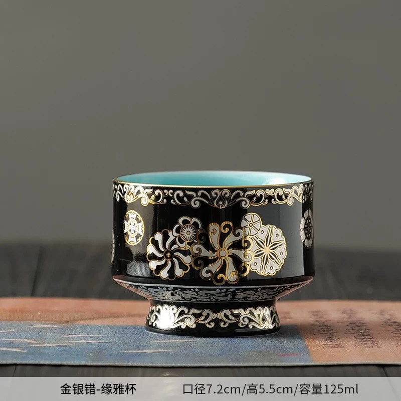 金银错绿松缘雅杯陶瓷主人杯单杯高档大气个人专用茶杯@711