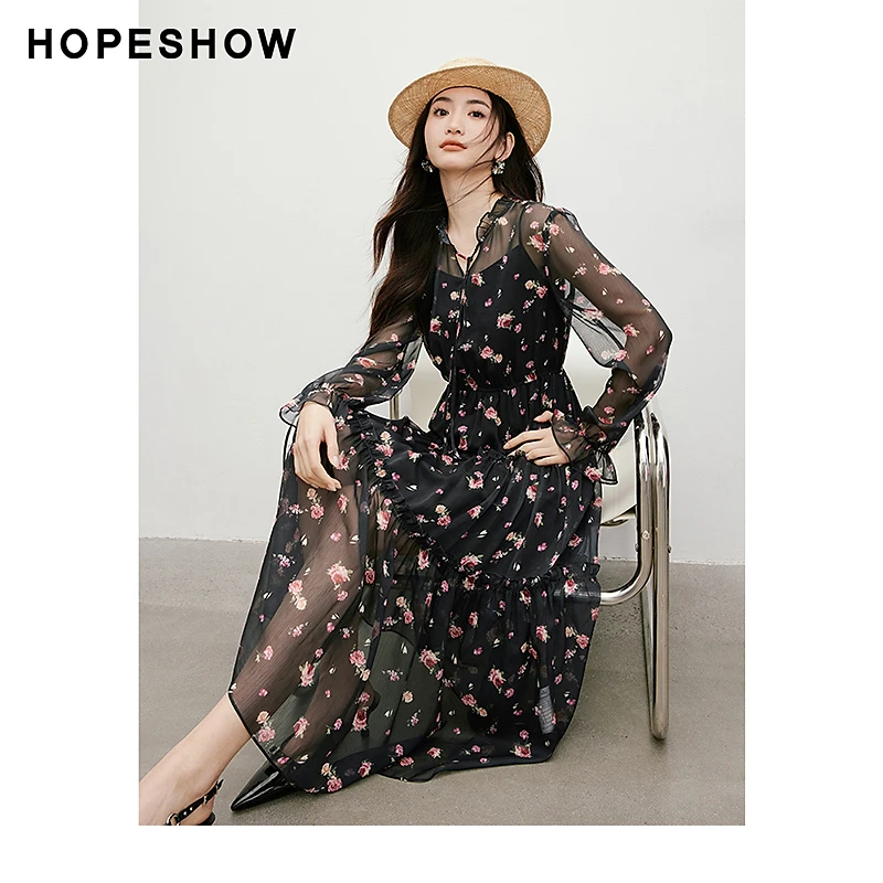 红袖2025春季新款女装 灯笼袖收腰木耳边领印花连衣裙90125051603