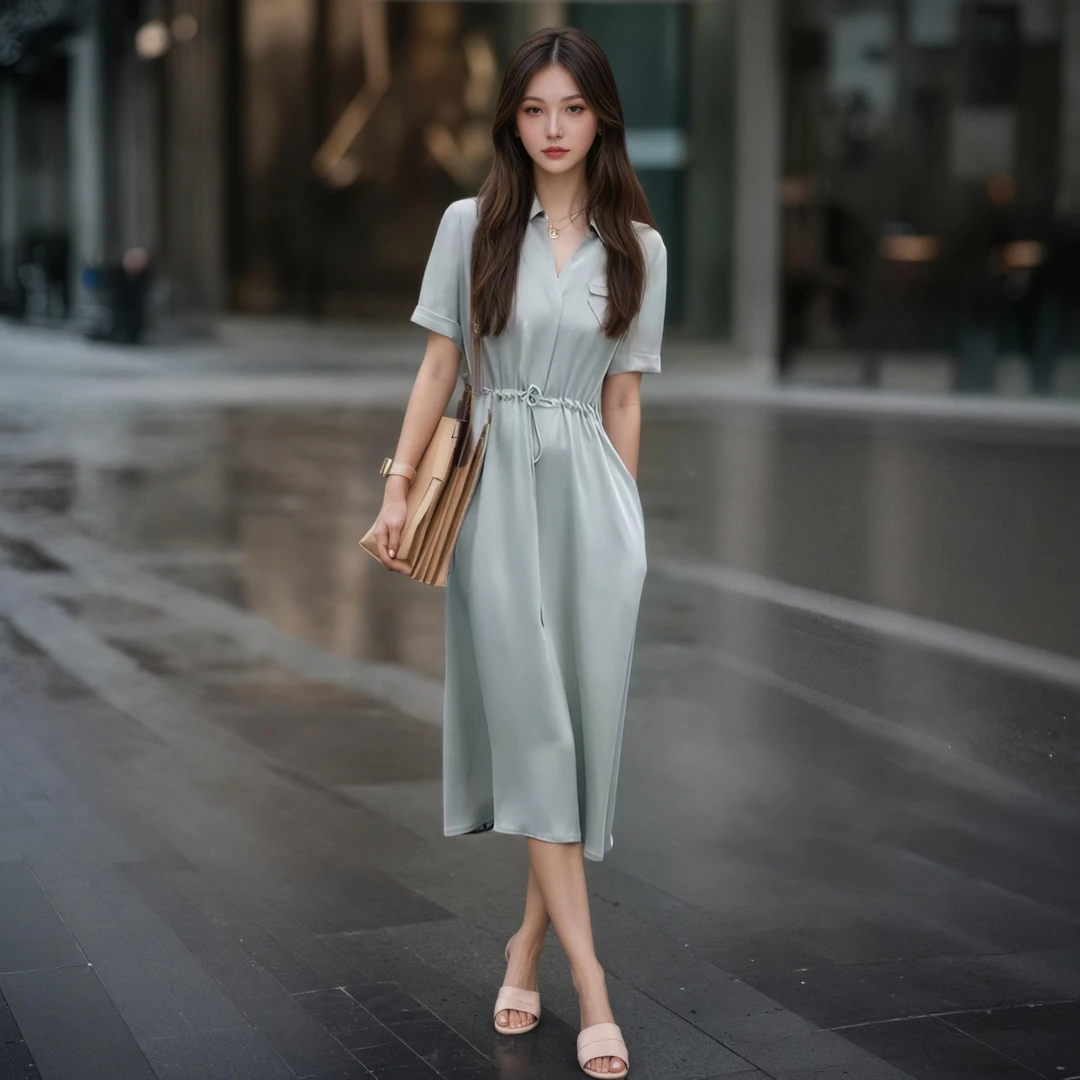 魅言高级感法式短袖V领气质连衣裙裙子抽绳收腰显瘦中长款衬衫裙