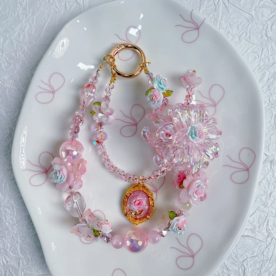 春季新款DIY手作A224-粉色系滴油花牌双链手机链