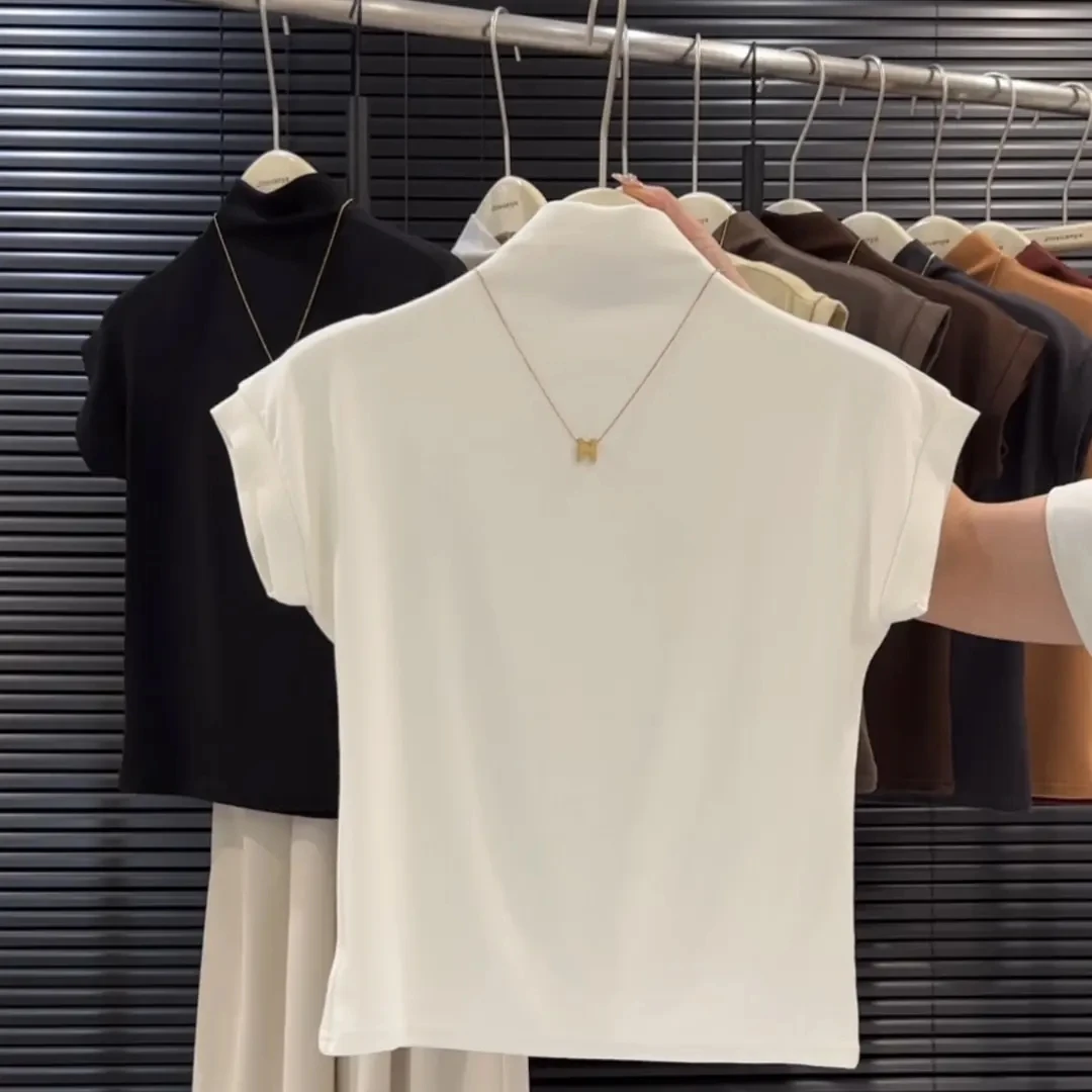 螺纹高弹小立领短袖t恤女夏季新款修身显瘦内搭打底衫小飞袖上衣