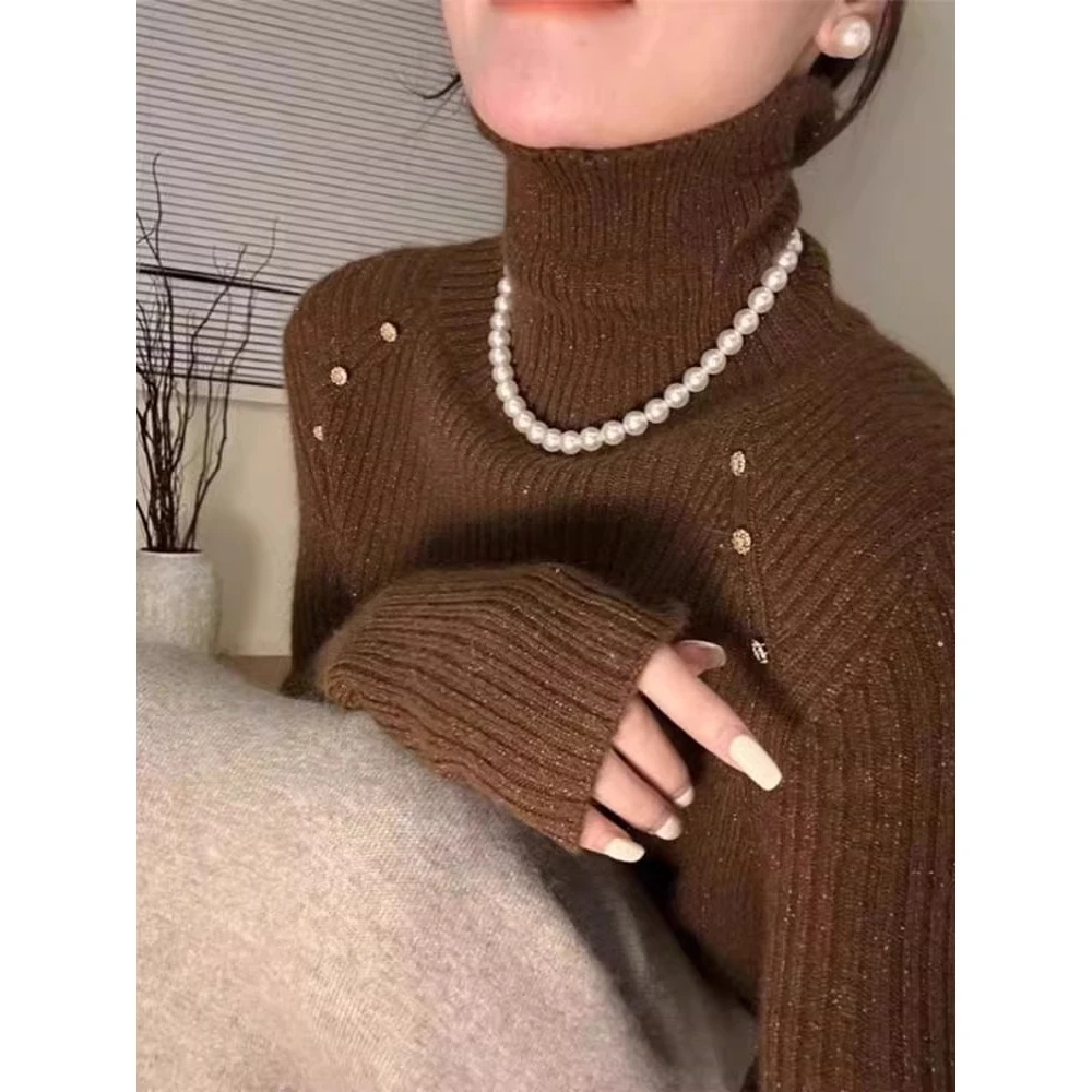 韩系复古咖色高领长袖针织衫女秋冬气质堆堆领打底毛衣厚套头上衣