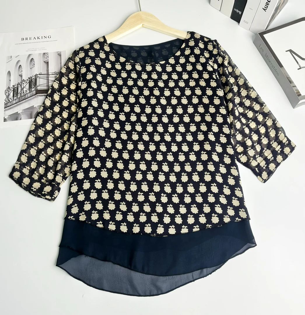 玲姐定制-中年妈妈装洋气七分袖网纱内衬无口袋小衫126614