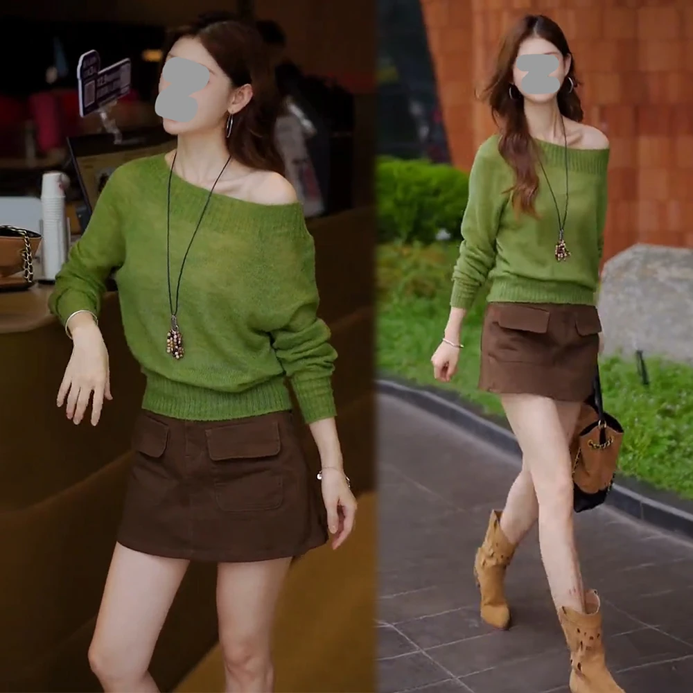 网红洋气炸街套装女2025年春秋新款露肩针织毛衣显瘦短裤裙两件套