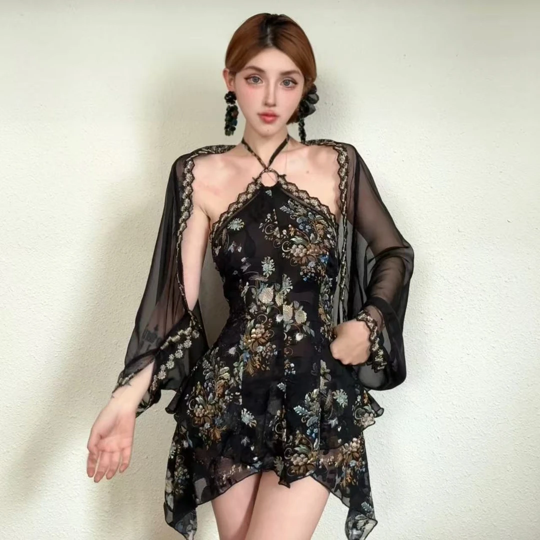 龙怼怼推荐【神颜古早】新显瘦套装国风休闲裙连体套装蕾丝性感露背