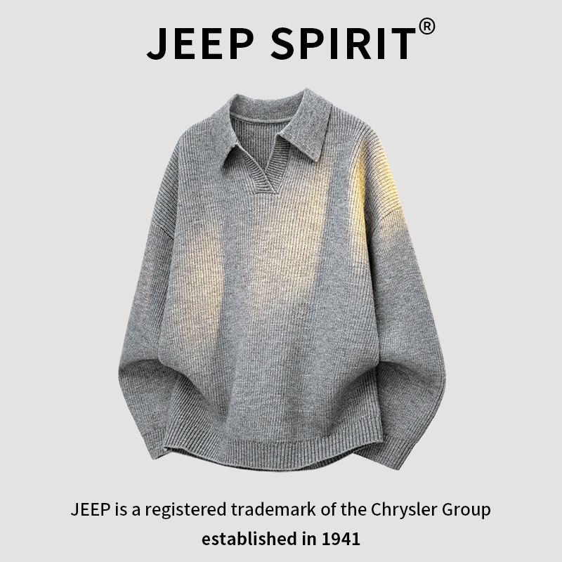 JEEPSPIRIT吉普翻领毛衣男士秋季新款复古潮流纯色休闲百搭针织衫