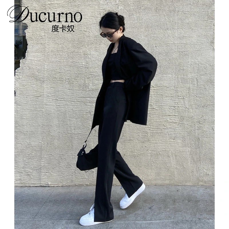 开叉裤阔腿裤女春秋高腰垂感黑色裤子宽松直筒新款2025休闲西装裤