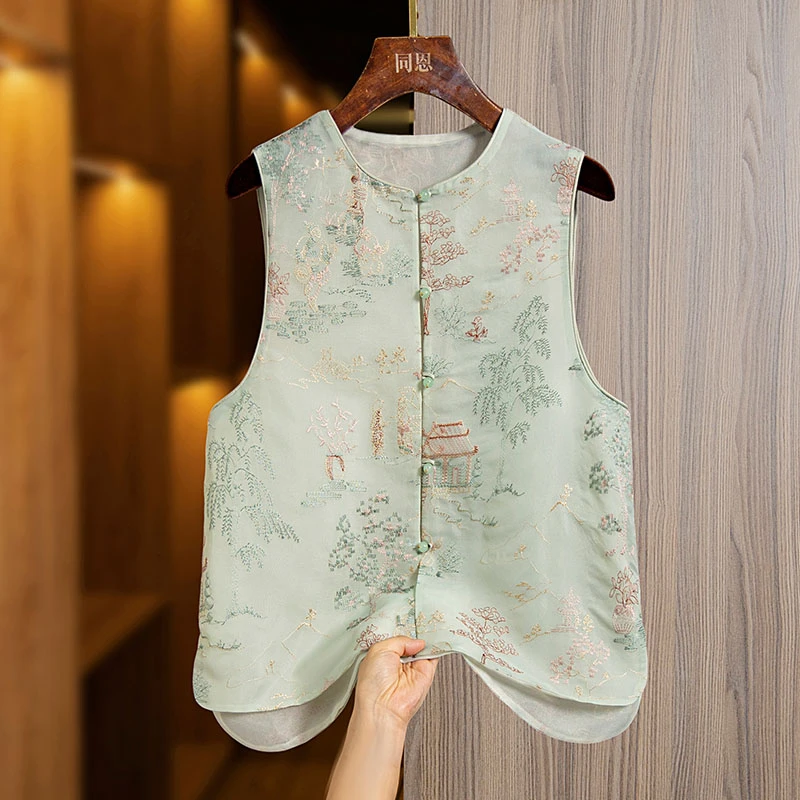 国风复古刺绣马甲背心女2024春夏新款圆领气质百搭新中式上衣马夹