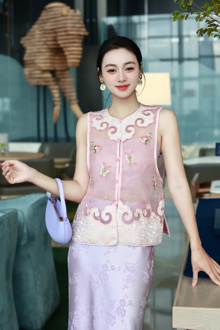 RONGRONG【蝶恋花】真丝欧根纱拼宋锦提花刺绣马夹新中式9332