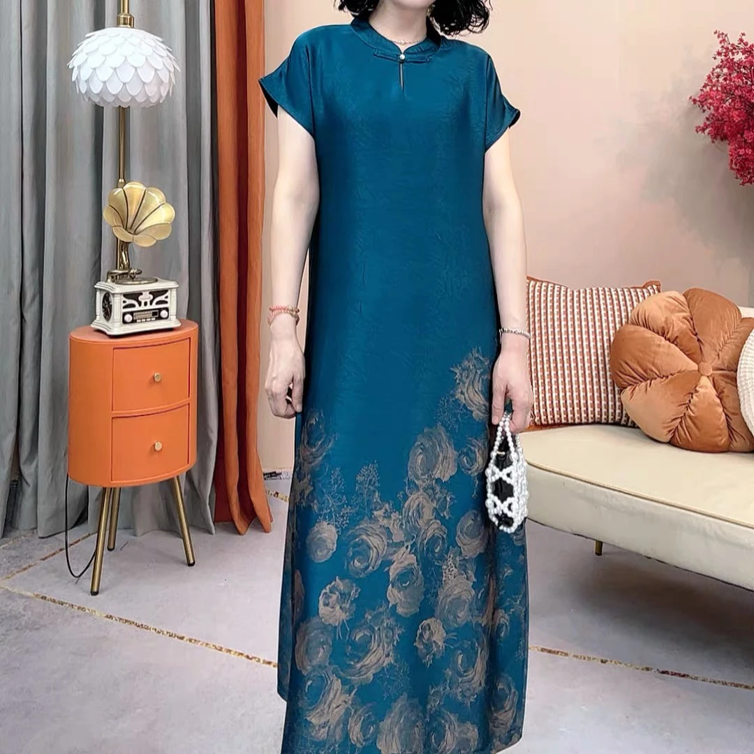 9970新中式国风旗袍裙显瘦气质黑色中国风优雅改良中年夏季长裙