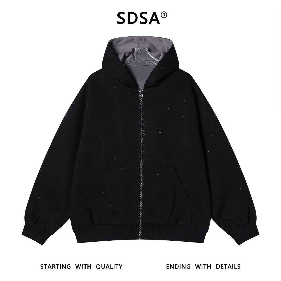 SDSA男士秋冬新款痞帅男装韩版宽松破洞拉链连帽卫衣网红款百搭