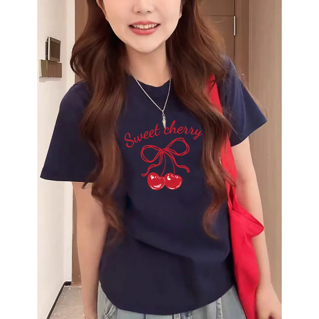 短袖女款爆款2025新款藏青色多巴胺夏季修身百搭外出时尚洋气t恤