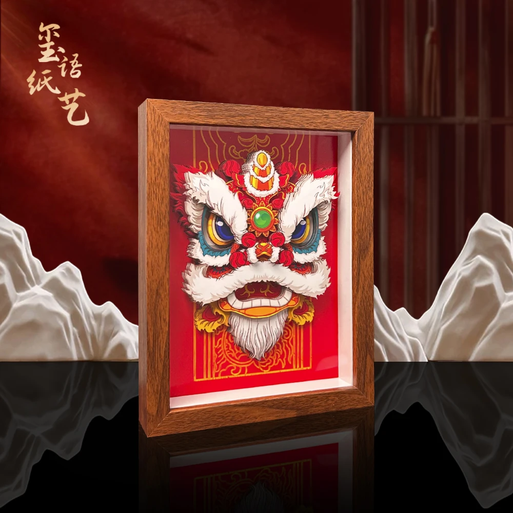 玺语关羽红色醒狮剪纸文创礼品真3D立体画办公室客厅摆桌醒狮摆件