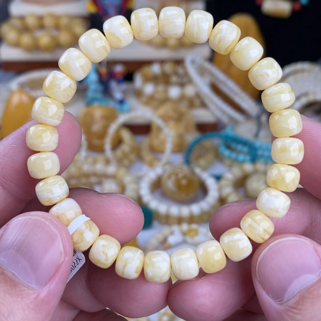 蜜蜡未镶嵌手链瓷白细纹虎皮纹8mm