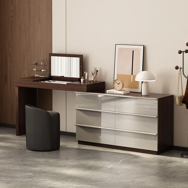 2025新款实木梳妆台翻盖镜子六斗柜一体卧室现代简约意式复古风