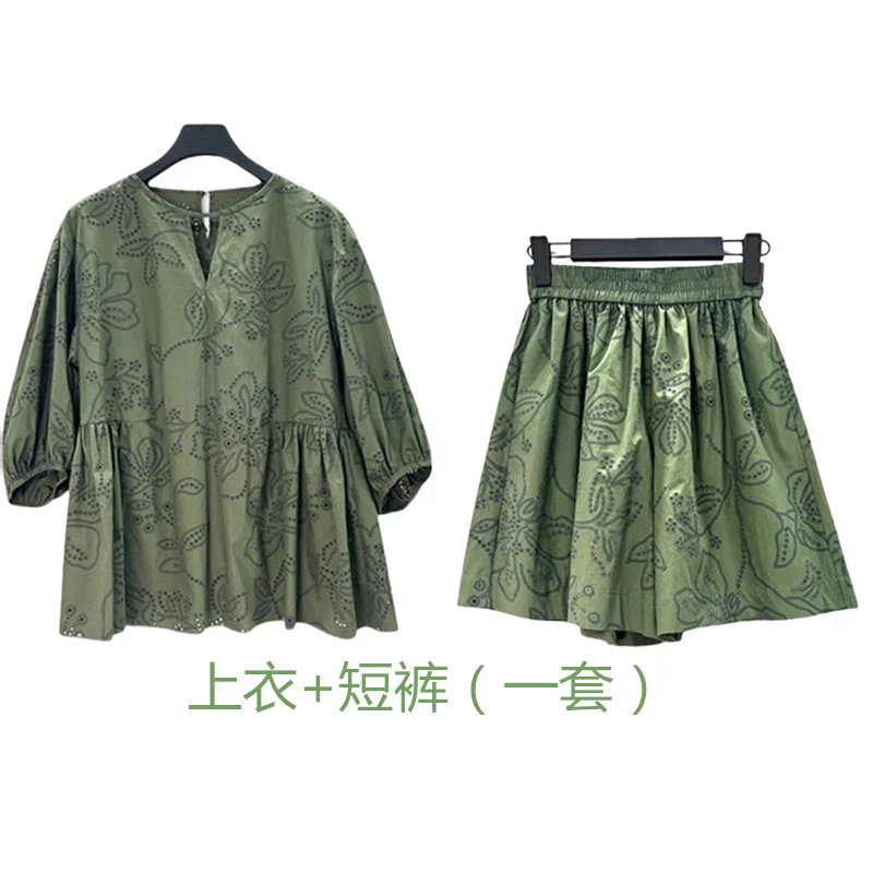 气质v领套头夏季宽松绿色上衣镂空提花宽松圆领小衫百搭短裤套装
