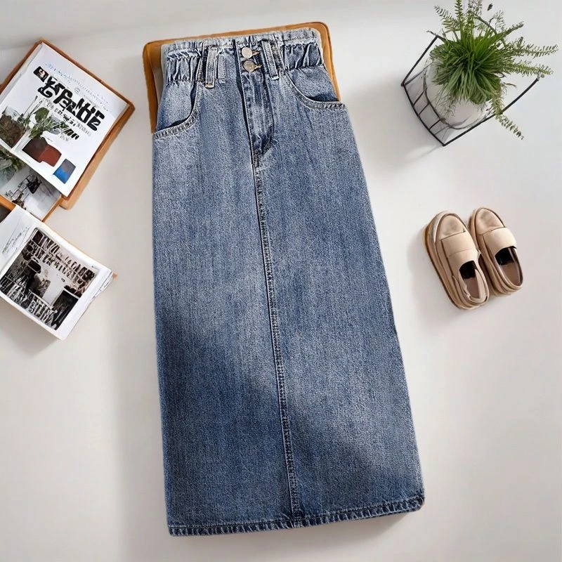 胖mm牛仔半身裙女A字春夏大码高腰开叉中长裙松紧过膝宽松包臀裙