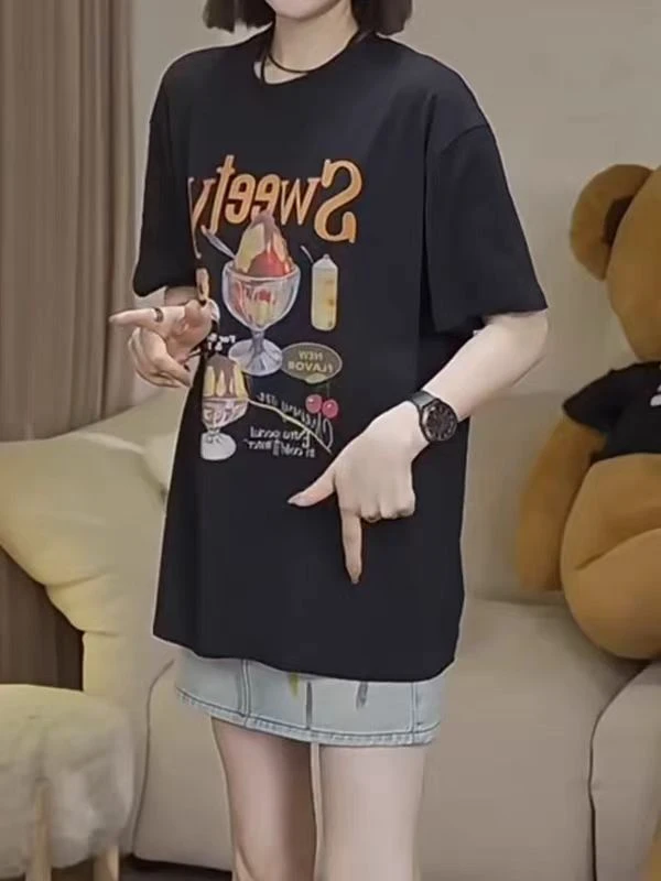 女装2025新款夏季韩系设计感超好看独特漂亮上衣黑色插画印花T恤